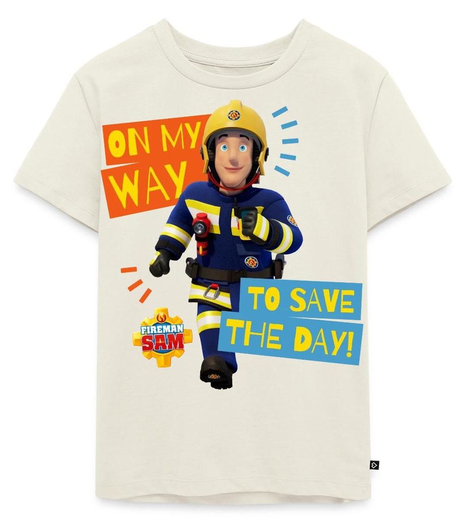 Spreadshirt Feuerwehrmann Sam On My Way To Save The Day Kinder Premium T-Shirt, 122/128 (6 Jahre), Naturweiß