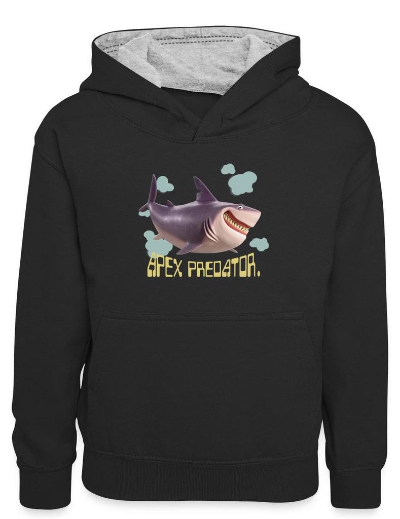 Spreadshirt Hoppers Apex Predator Hai Mit Schriftzug Kinder Kontrast-Hoodie, XS (3/4 years), Schwarz/Grau meliert