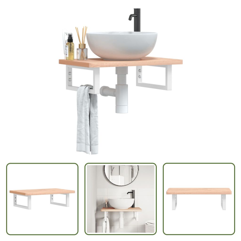 The Living Store Waschbeckenregal Wandmontage Stahl und Massivholz Buche