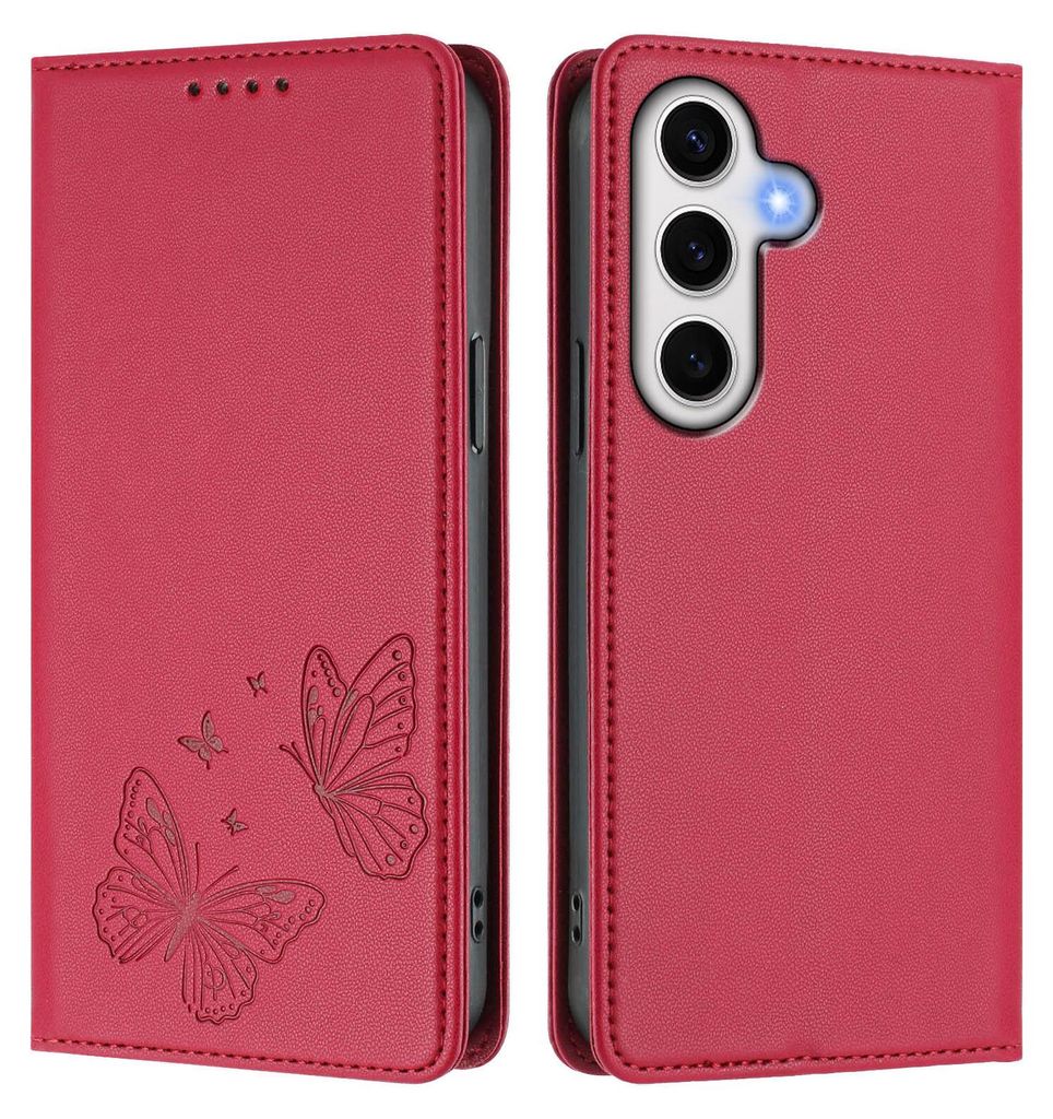 Lederhülle für Samsung Galaxy S24 FE, Schmetterling Prägung Leder Brieftasche Schutzhülle mit Ständer Rot