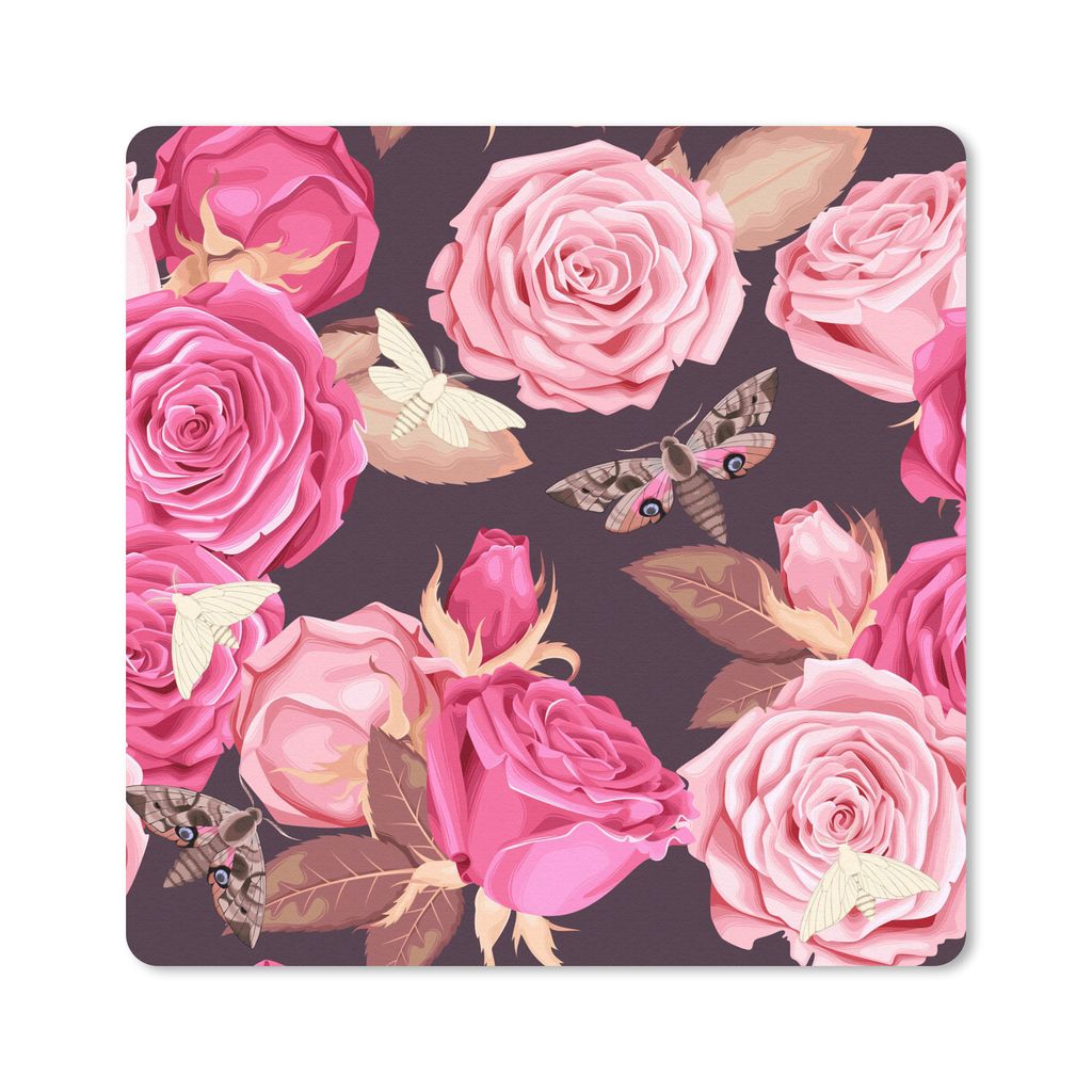 MuchoWow Mauspad Mousepad Rosen - Schmetterlinge - Natur 30x30 cm - Mousepads - Maus Mat - Pad - Mausunterlage - Gaming