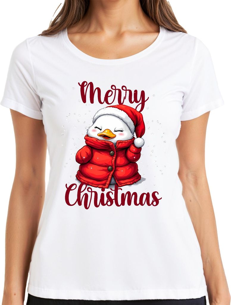 Merry Christmas niedlich Ente Weihnachtsmütze Winter Kinder Santa Damen T-Shirt, Weiß, M