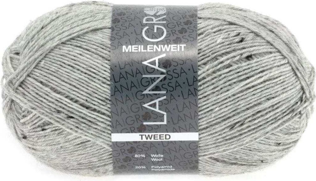 A ball of grey tweed yarn with a label.