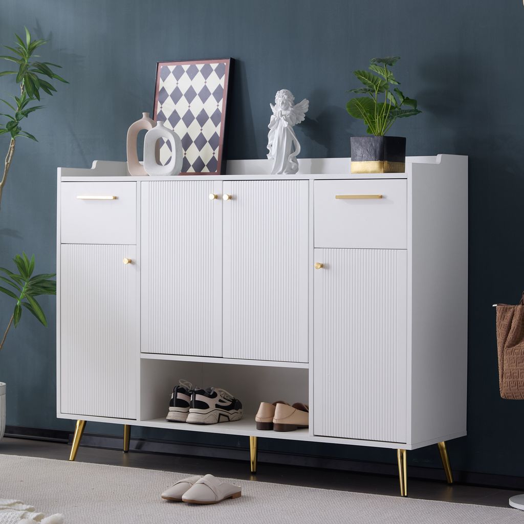 okwish Schuhschrank, Schuhregal mit 2 Schubladen und 4 Türen, Metallfüße, Maße: B130/W37/H100, Weiß