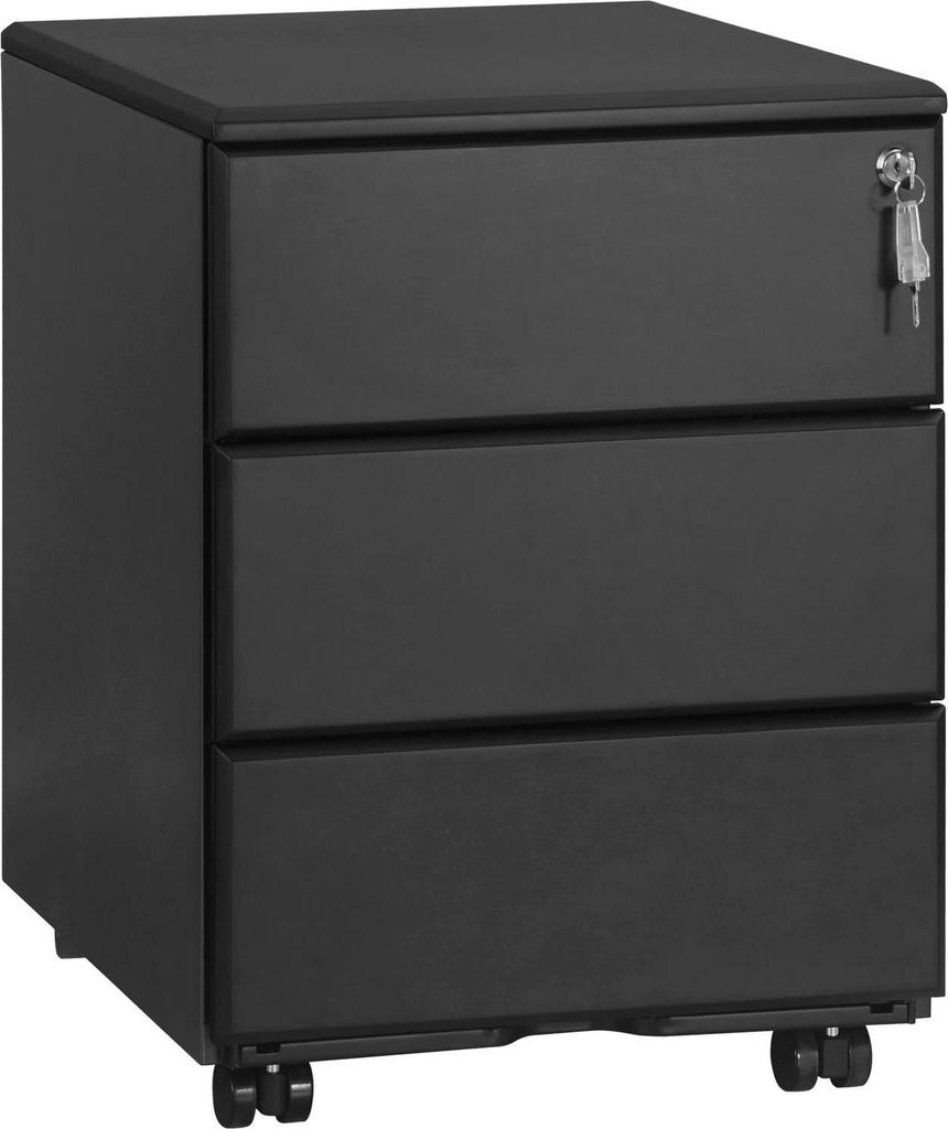 Metall Büroschrank - Aktenschrank - 3 Schubladen - Abschließbar - Hängeregister - Mit Rollen - 39 x 52,4 x 54 cm - Schwarz
