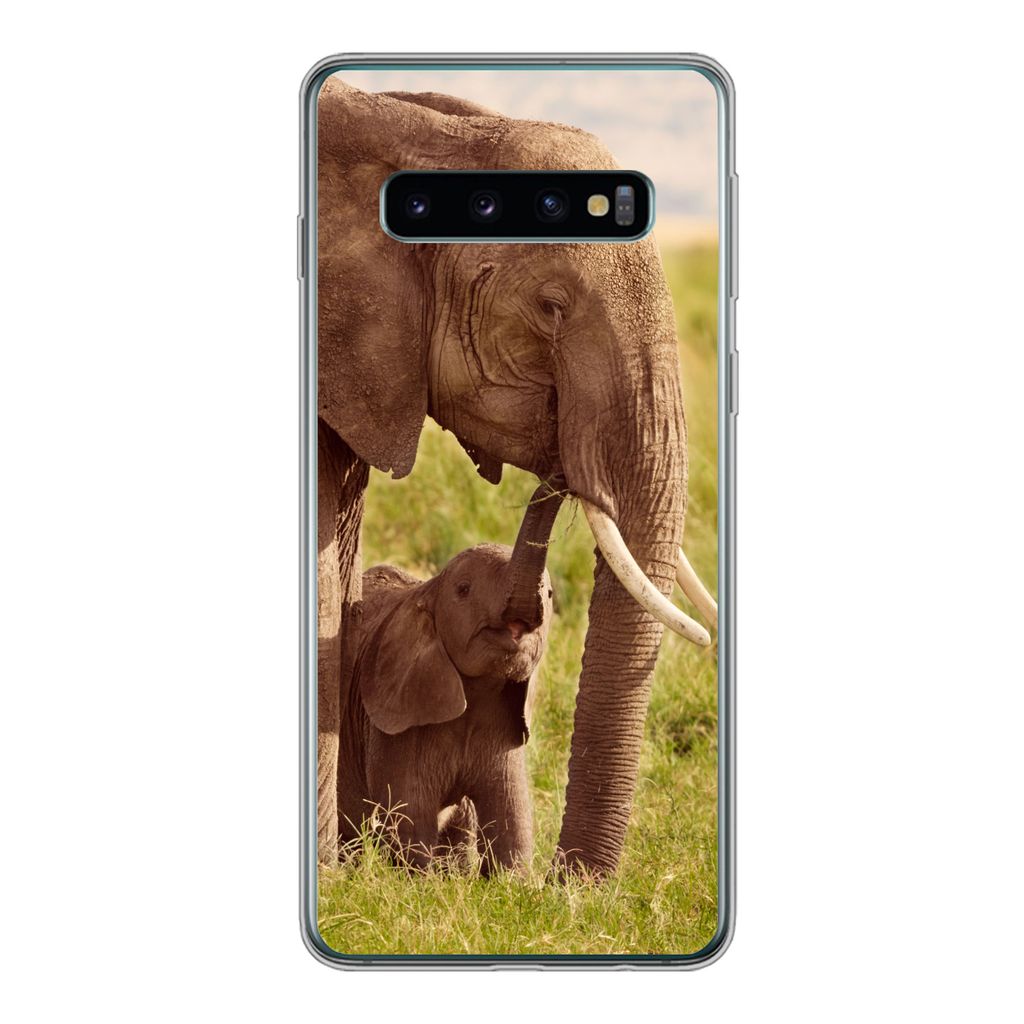 MuchoWow Handyhülle Schutzhülle Hülle für Samsung Galaxy S10 Elefant - Gras - Jung - Rüssel Silikon Softcase Handy Hülle - Handytasche