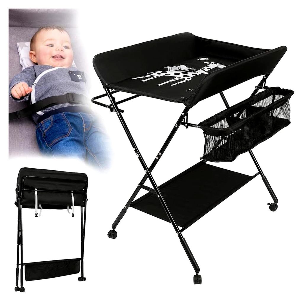 Wickelkombination - klappbare Wickelkommode, mobiler Wickeltisch mit Wickelauflage, Sicherheitsgurt und Ablagefächern (Schwarz)
