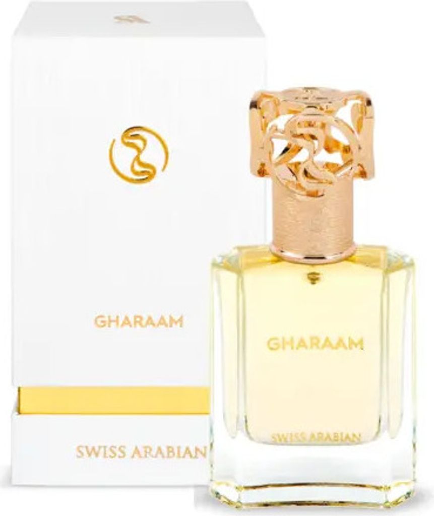 A bottle of Swiss Arabian Gharaam perfume and its packaging are displayed against a white background.