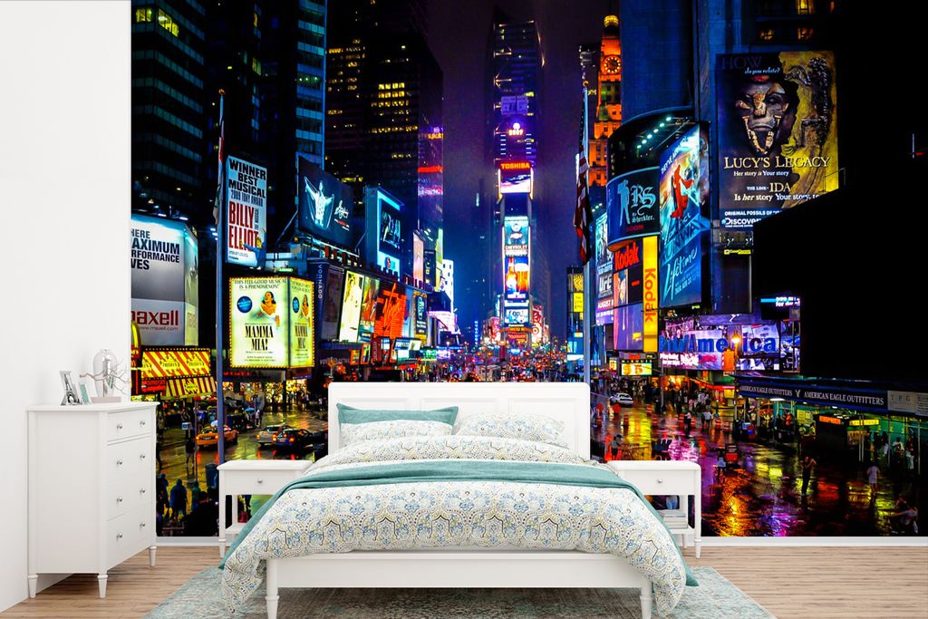 MuchoWow Fototapete für Wohnzimmer oder Schlafzimmer Wandtapete Vinyl Motivtapete New York - Regen - Nacht - 600x400 cm - Vinyltapeten
