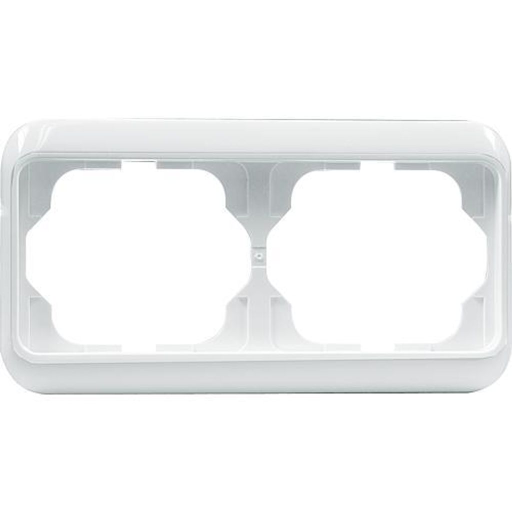 A white electrical outlet frame with two openings.