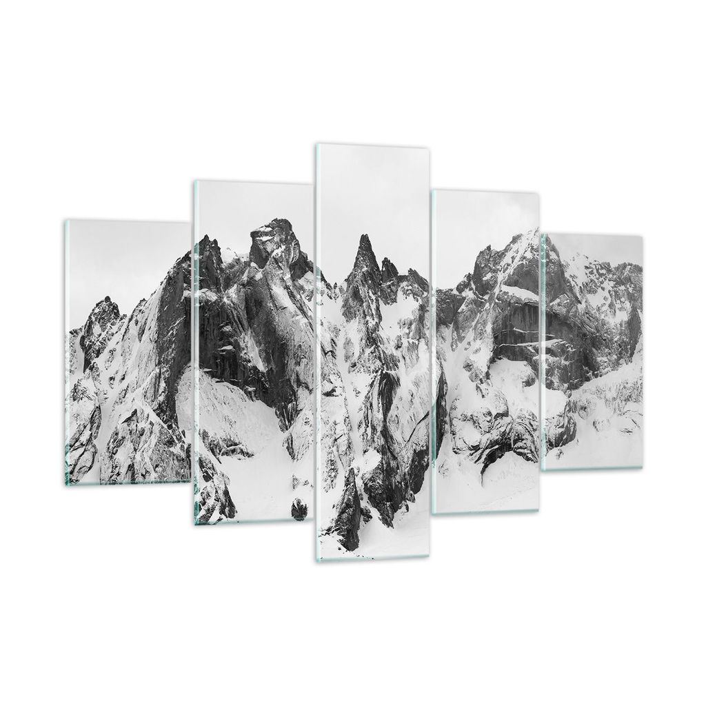 Bilder auf glas - 5 Teile - Alpen Schnee Monochrom - 150x100cm - Glasbilder - Wandbilder - Bilder - zum Aufhängen bereit - Wanddekoration aus Glas...
