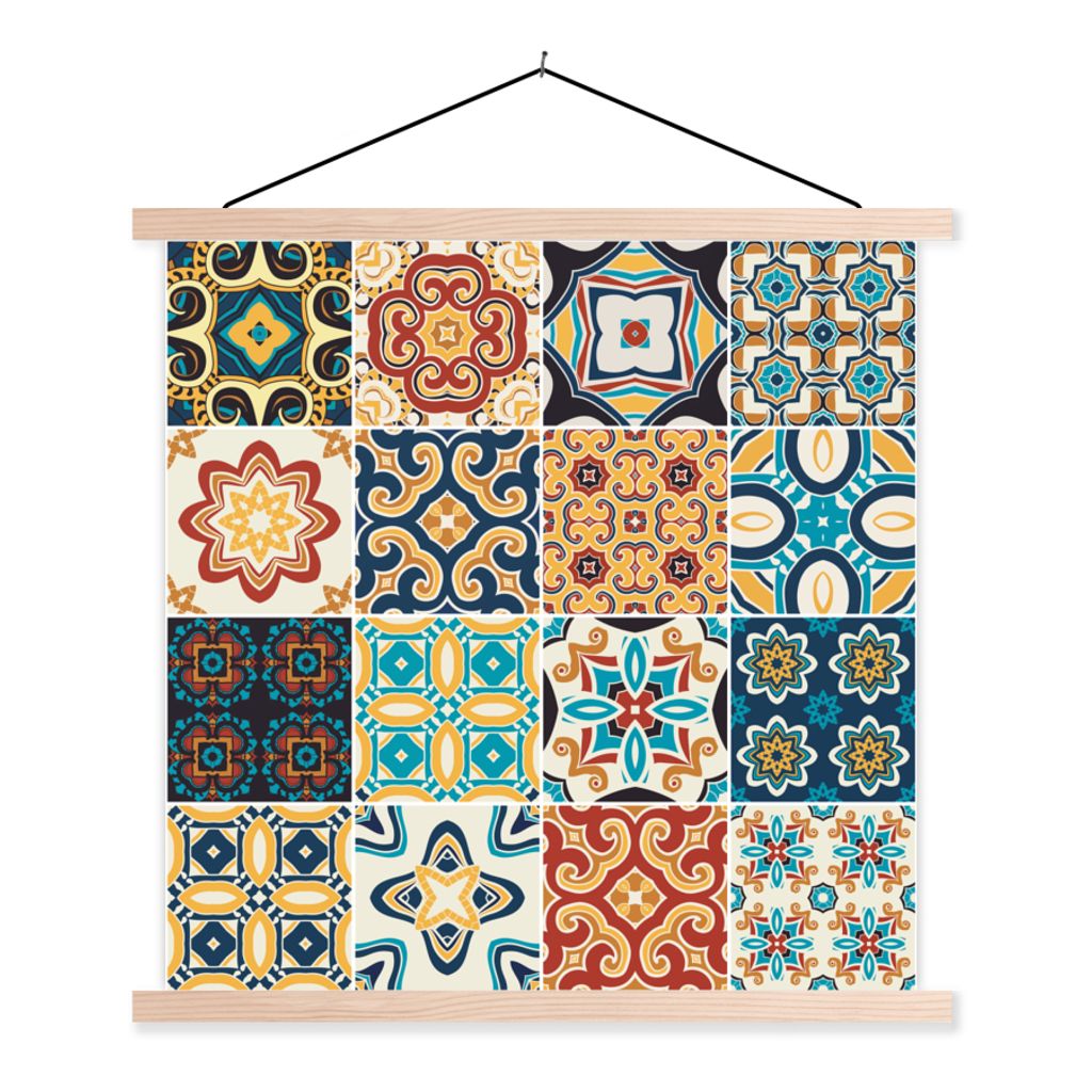 MuchoWow Textilposter Blumen - Vintage - Muster - Blau - Orange 60x60 cm mit holzfarbenen Rahmen - Wanddekoration