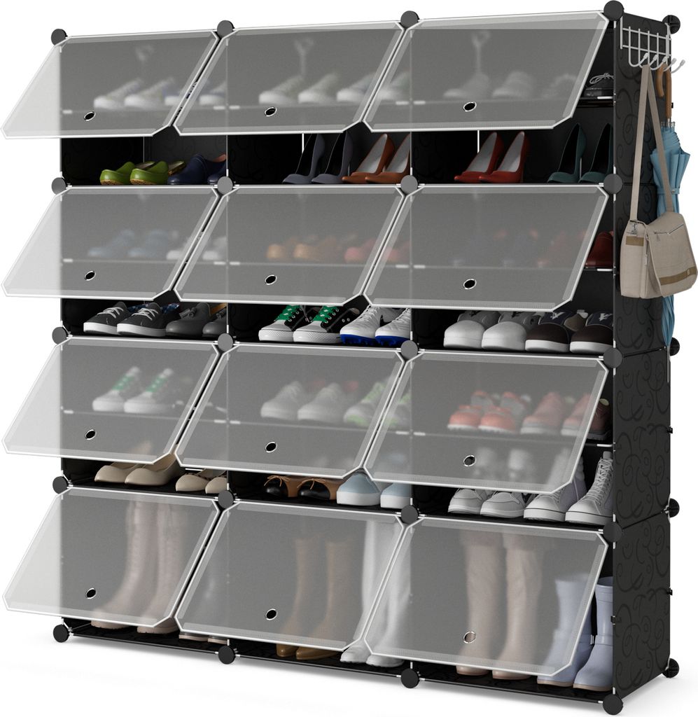 COSTWAY 8-stöckiges Schuhregal, 48 Paar Schuhschrank aus Kunststoff mit seitlichen Haken, erweiterbar für Stiefel & Stöckelschuhe tragbares Schu...