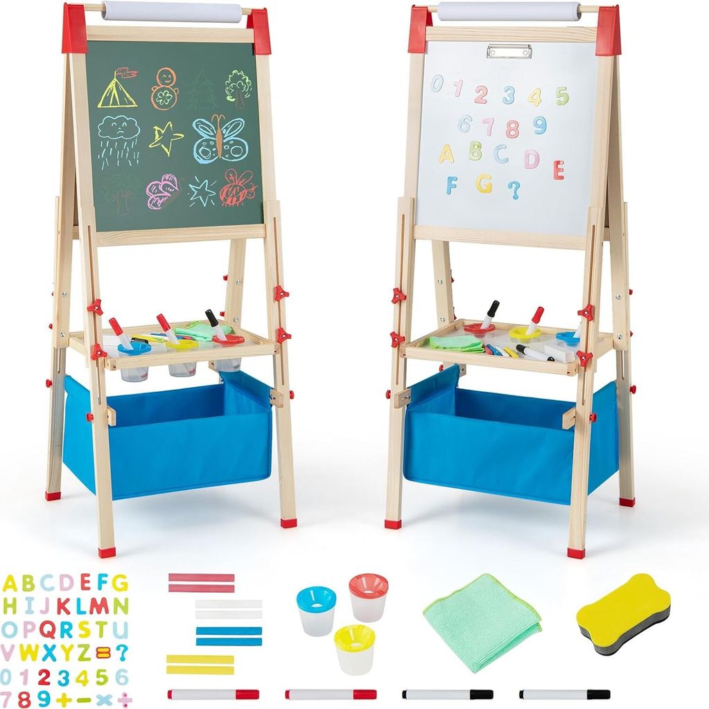 3-in-1 Kinder Staffelei, doppelseitige Staffelei aus Holz mit magnetischer Tafel & Whiteboard, Papierrolle & Malzubehör, Kleinkind höhenverstellb...