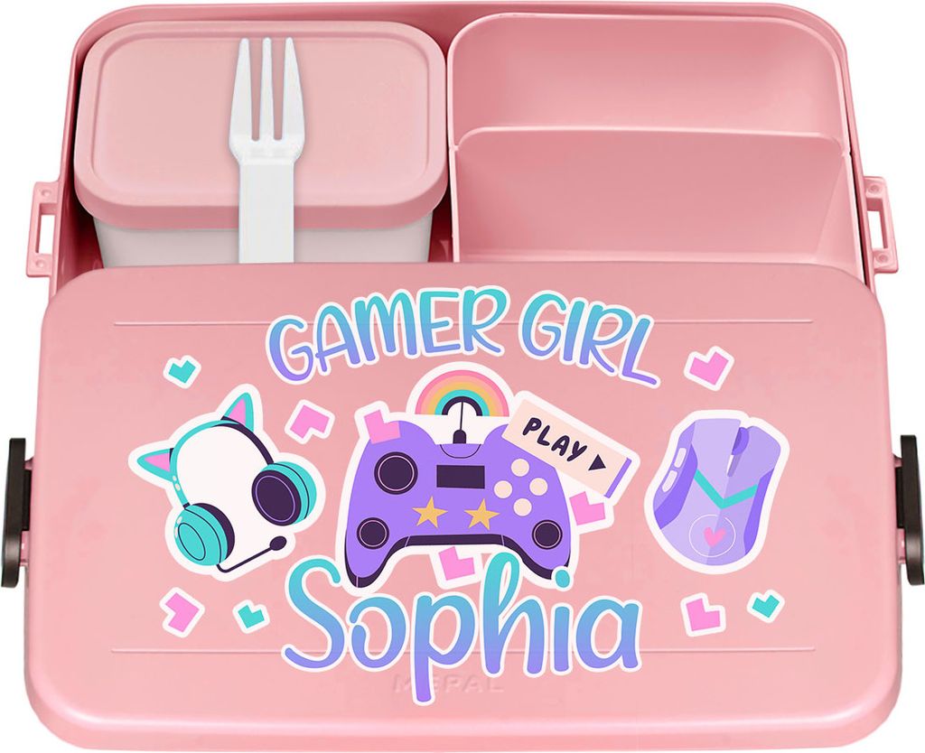 Personalisierte Brotdose mit Namen Große Isolierte Bento Box Praktische Mahlzeitenaufbewahrung für Mädchen mit bunten Kindermotiven Gamer Girl [...