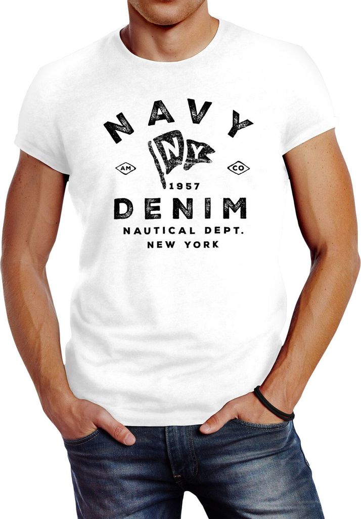 Herren T-Shirt Vintage Motiv Schriftzug Navy Denim Nautical New York Neverless weiß S