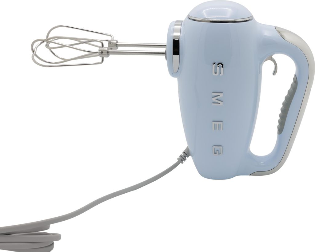 A light blue Smeg hand mixer with silver beaters and accents, shown against a white background.