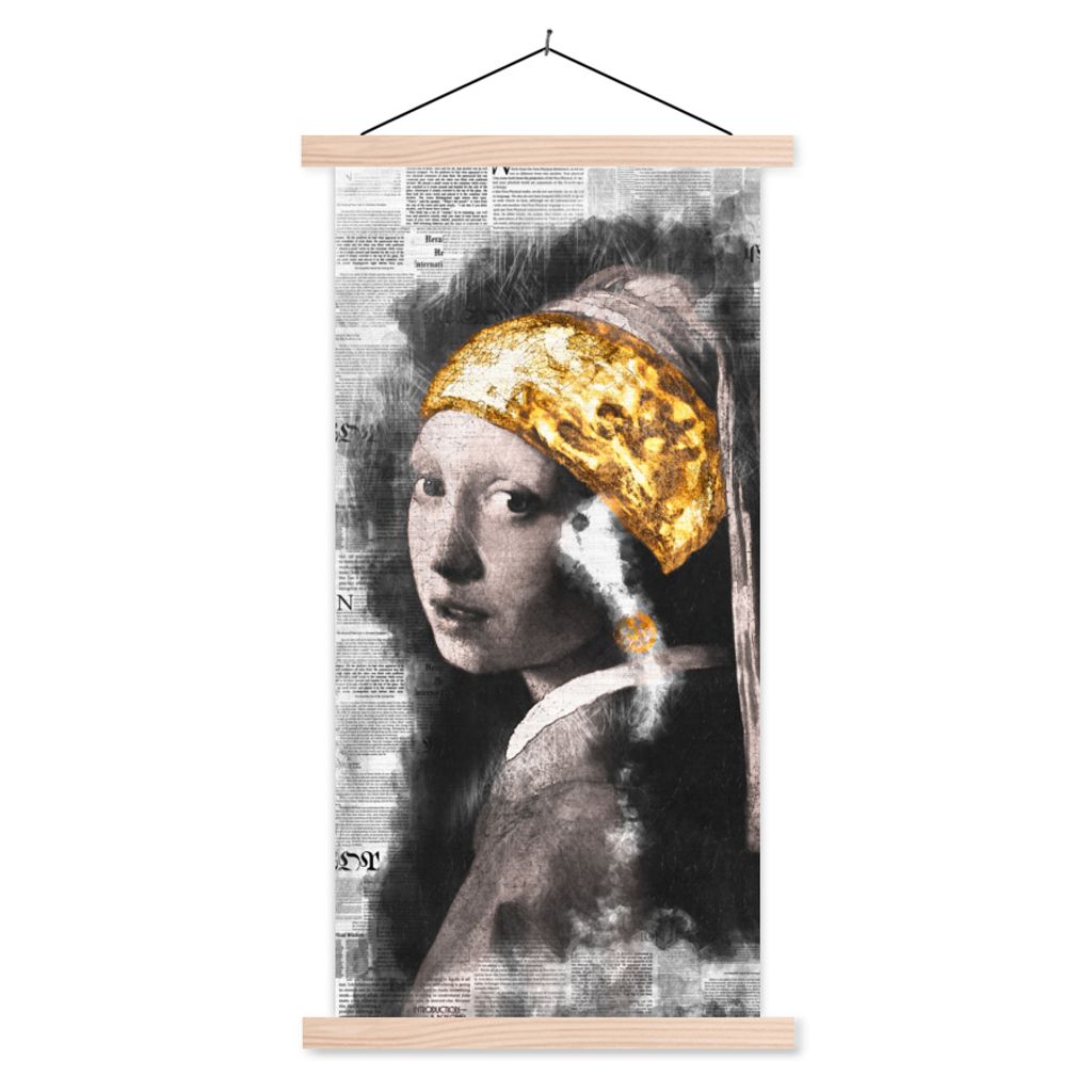 MuchoWow Textilposter Mädchen mit Perlenohrring - Gold - Aquarell 60x120 cm mit holzfarbenen Rahmen - Holz