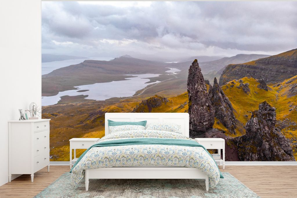 MuchoWow Fototapete für Wohnzimmer oder Schlafzimmer Wandtapete Vinyl Motivtapete Schottische Berge aus der Vogelperspektive - 350x260 cm - Wohn...