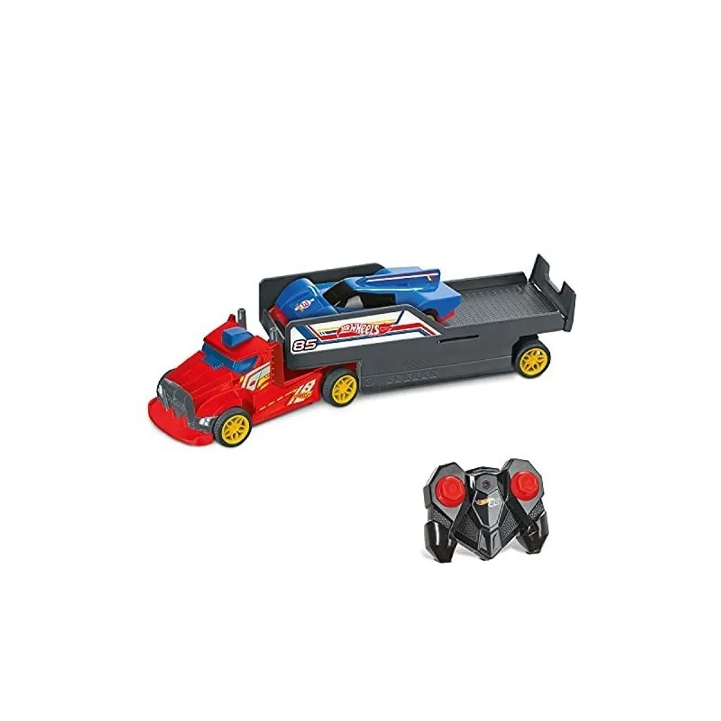 Camion radiocommandé Hot Wheels avec remorque de transport de voitures