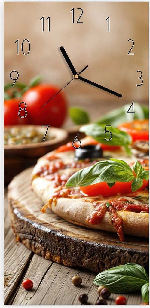 Wanduhr aus Glas mit Motiv Pizza im Holzofen- 30 x 60 cm - inkl. Aufhängesystem