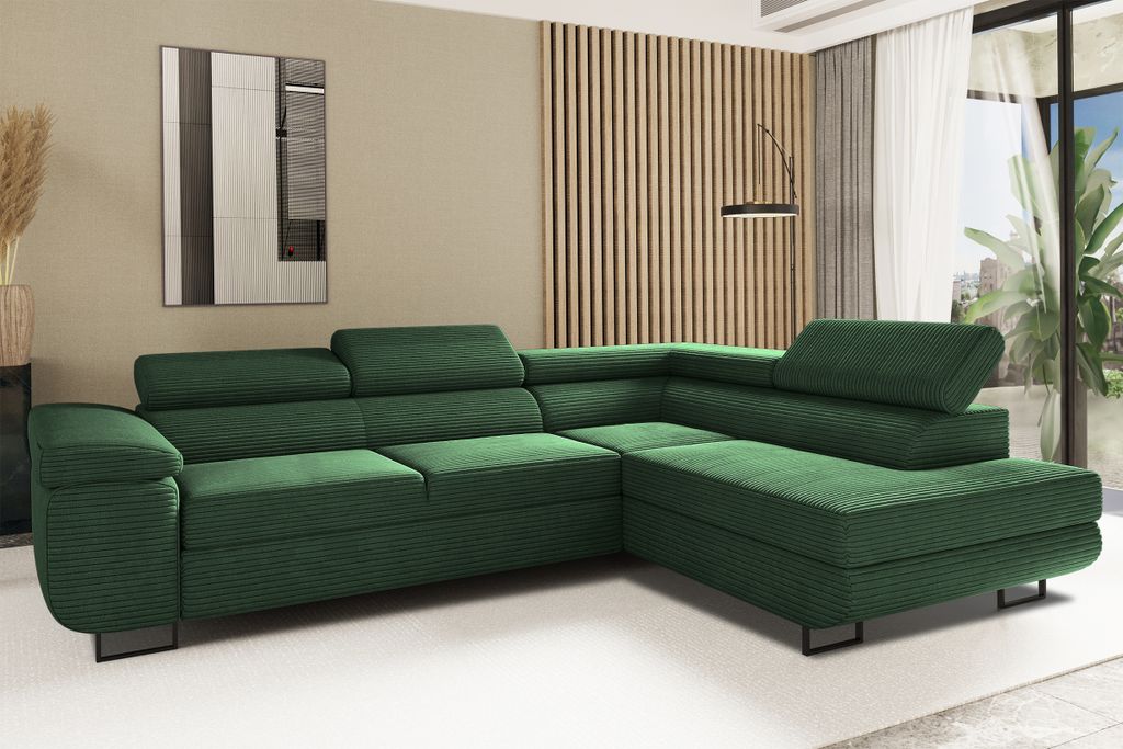 Kaiser Möbel Ecksofa mit schlaffunktion und bettkasten Eckcouch L-Form ATOMIC stoff Poso Rechts Grün