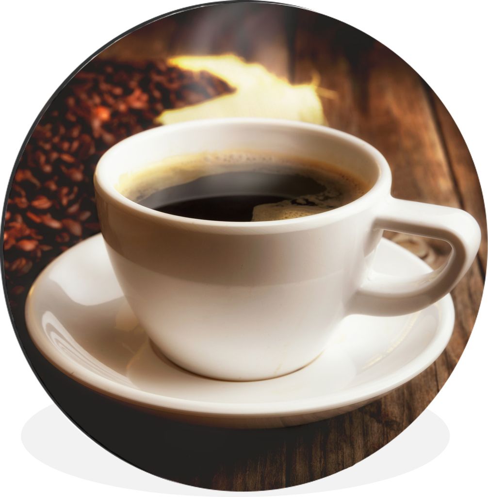 MuchoWow Aluminium Wandkreis Eine heiße Tasse Kaffee mit Kaffeebohnen Ø 90 cm Wanddeko Modern Wohnzimmer - Mauerkreis - Wandbilder - Runde Bild...