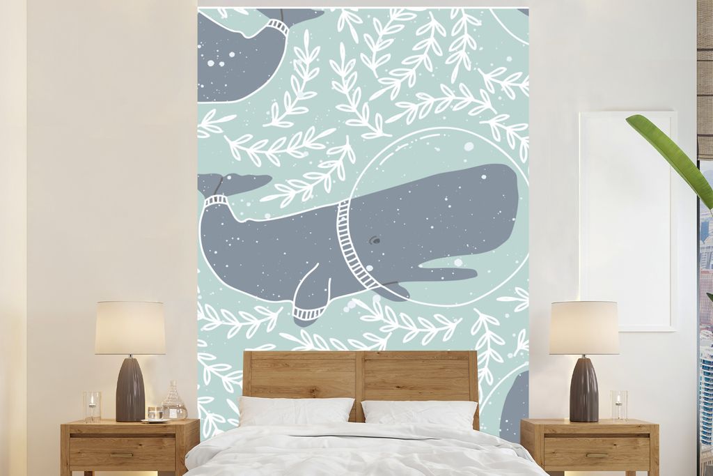 MuchoWow Fototapete für Wohnzimmer oder Schlafzimmer Wandtapete Vinyl Motivtapete Astronaut - Blauwal - Muster - 155x240 cm - Tapete
