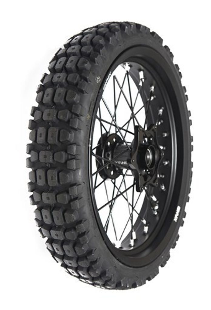 A motorcycle tire and wheel assembly against a white background.