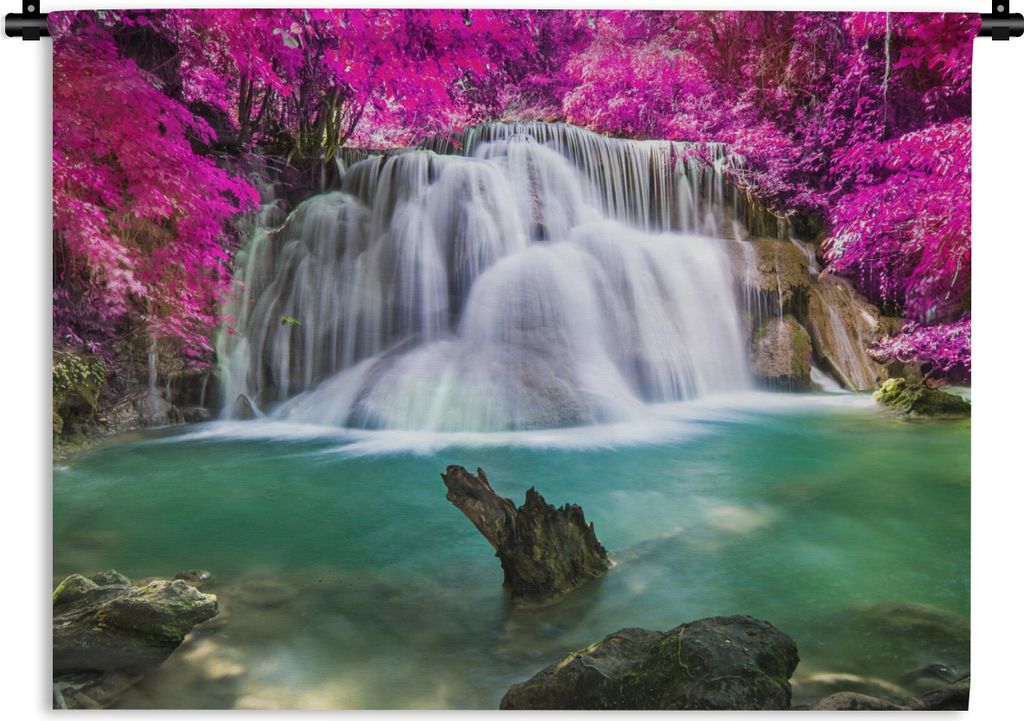 MuchoWow Wandteppich Wandbehang Wasserfall - Rosa - Bäume 90x67.5 cm Tapisserie Dekoration Wandtuch - Fototeppich - Wand-Skulpturen