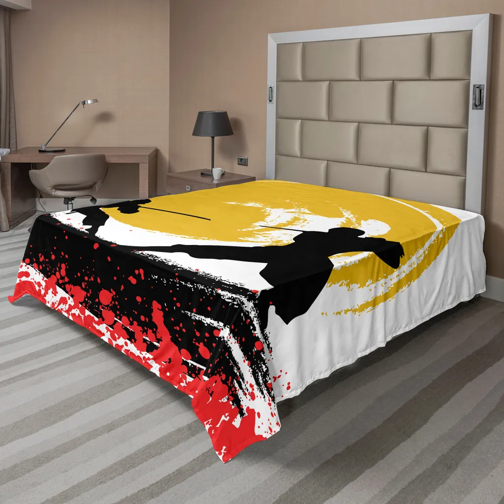 ABAKUHAUS Lenzuolo giapponese, stile acquerello Silhouette Ninja Luce della luna Battaglia medievale, lenzuolo superiore morbido e confortevole per un letto decorativo 1 pezzo 260 cm x 228 cm, senape vermiglio