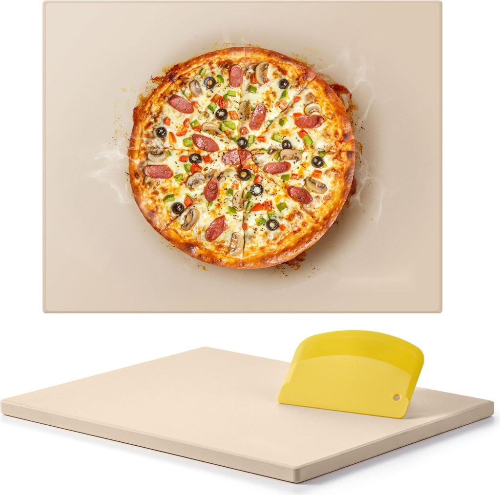 Pizzastein - Cordierit, rechteckig - Format 38 x 30 cm - Dicke 1,5 cm - Für Backofen & Grill - Zum Pizza- & Brotbacken - Mit Schaber