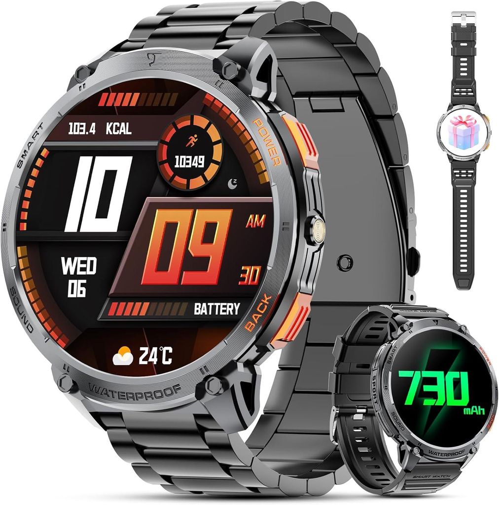 Haulvean Smartwatch für Herren mit Bluetooth-Telefonfunktion – 1,85 Zoll HD-Display, 730 mAh Akku, LED-Taschenlampe, 110+ Sportmodi, IP68 wasser...
