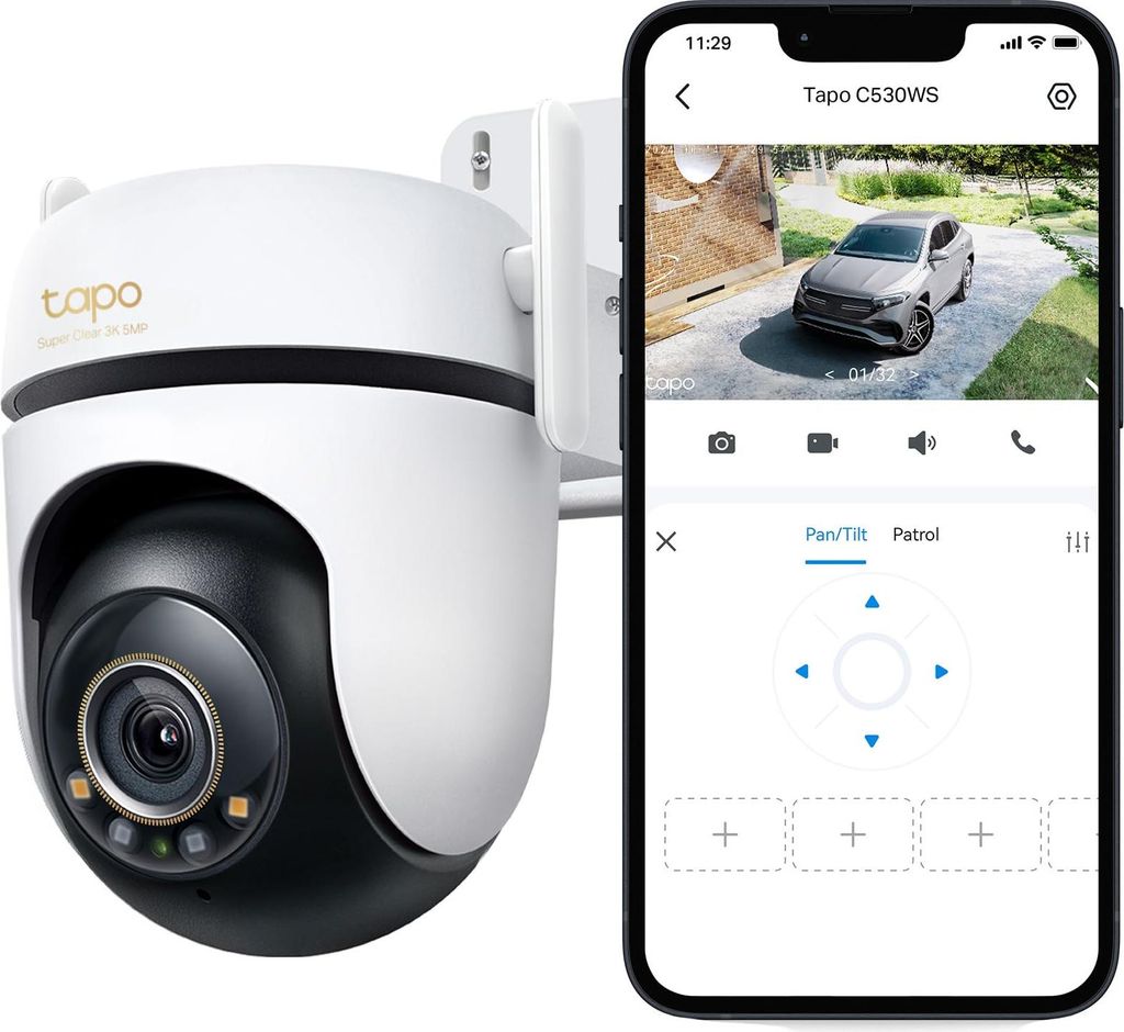 A smart security camera and a smartphone displaying the camera's interface.