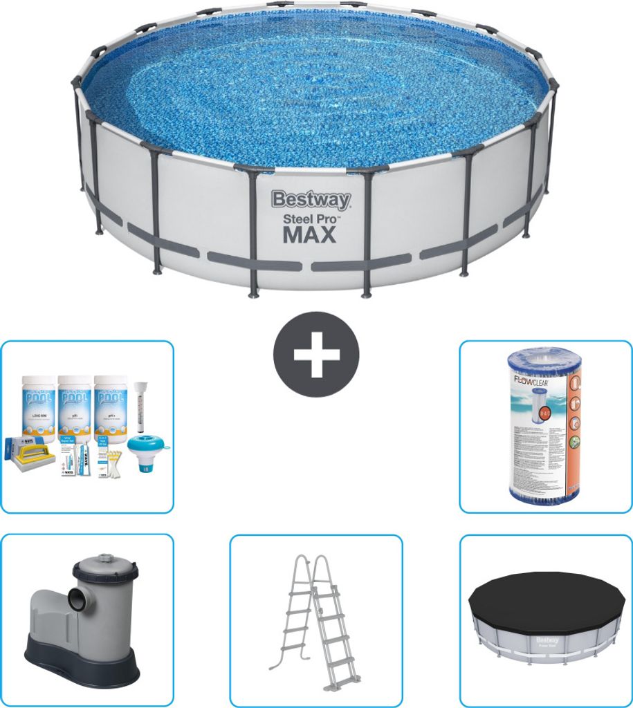 Bestway Round Steel Pro MAX Schwimmbad – 488 x 122 cm – Grau – inklusive Pumpe – Leiter – Abdeckung Wartungspaket - Filter
