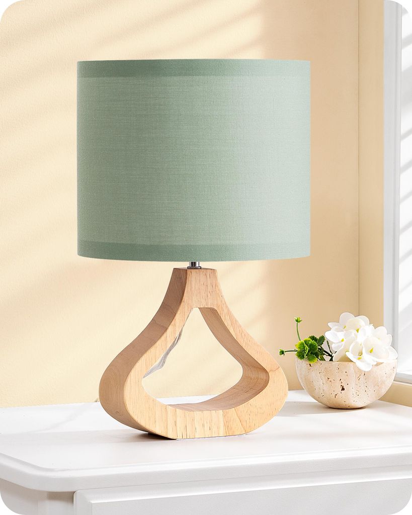 EDISHINE Nachttischlampe Wohnzimmer ,Tischleuchte mit Leinen-Lampenschirm, Holz