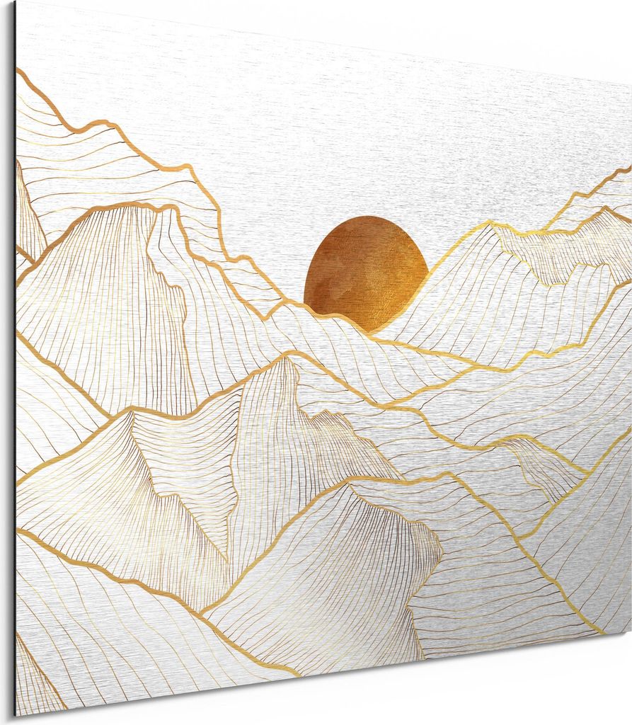 DEQORI Alu-Dibond Bild Silber 80x60 cm 'Goldenes Linien Gebirge' Wandbild Metall dünn
