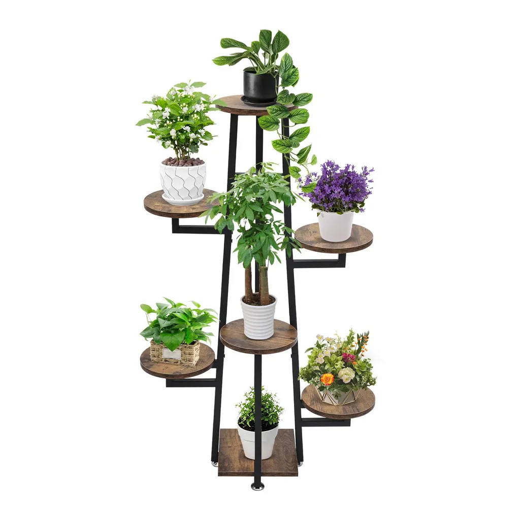 Porte-plante 7 marches 110cm métal et bois robuste pour salon et balcon