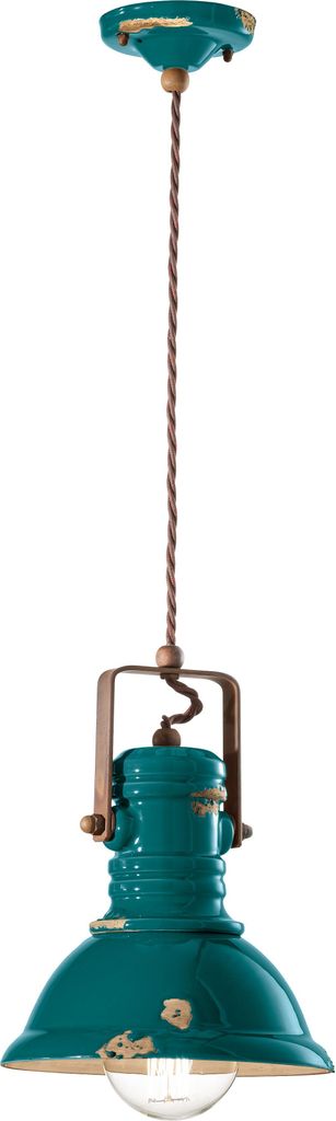 Hängeleuchte Metall Keramik D: 23 cm rund H: max. 150 cm Petrol Shabby Antik E27 Vintage Design
