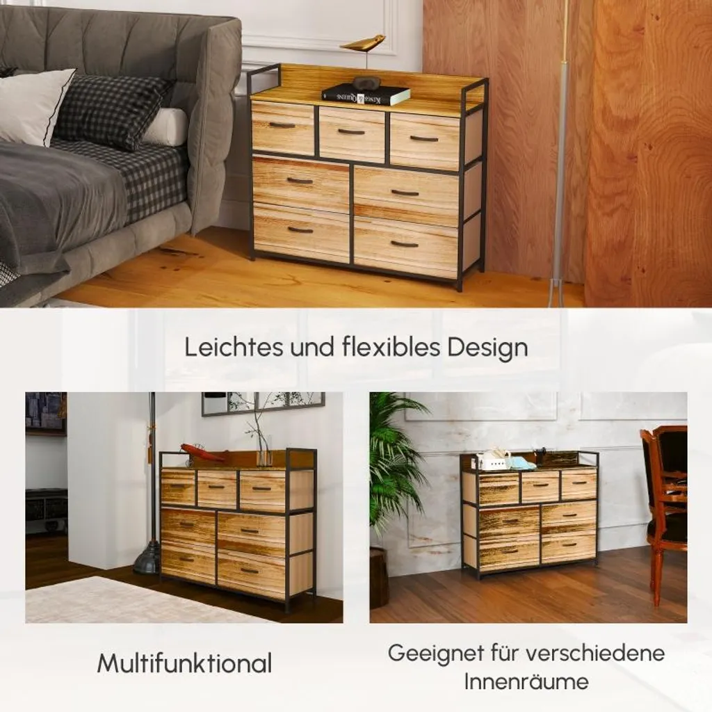 Commode marron avec 7 tiroirs en tissu et structure MDF robuste