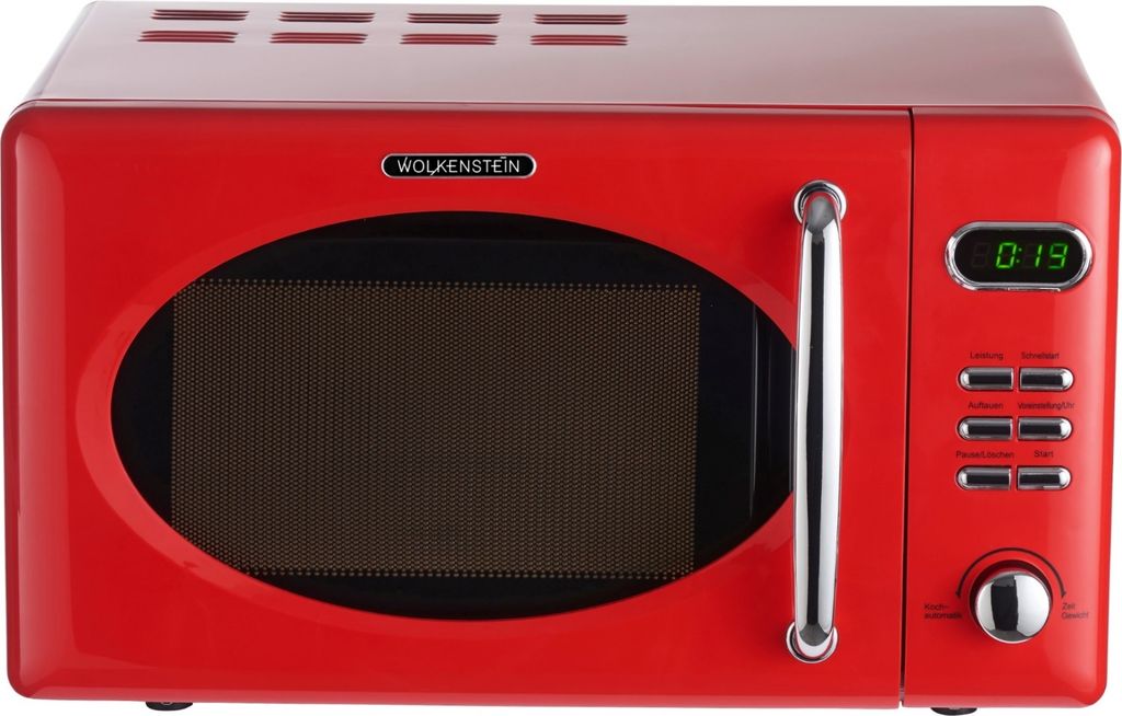 A red retro-style microwave oven is shown from the front.