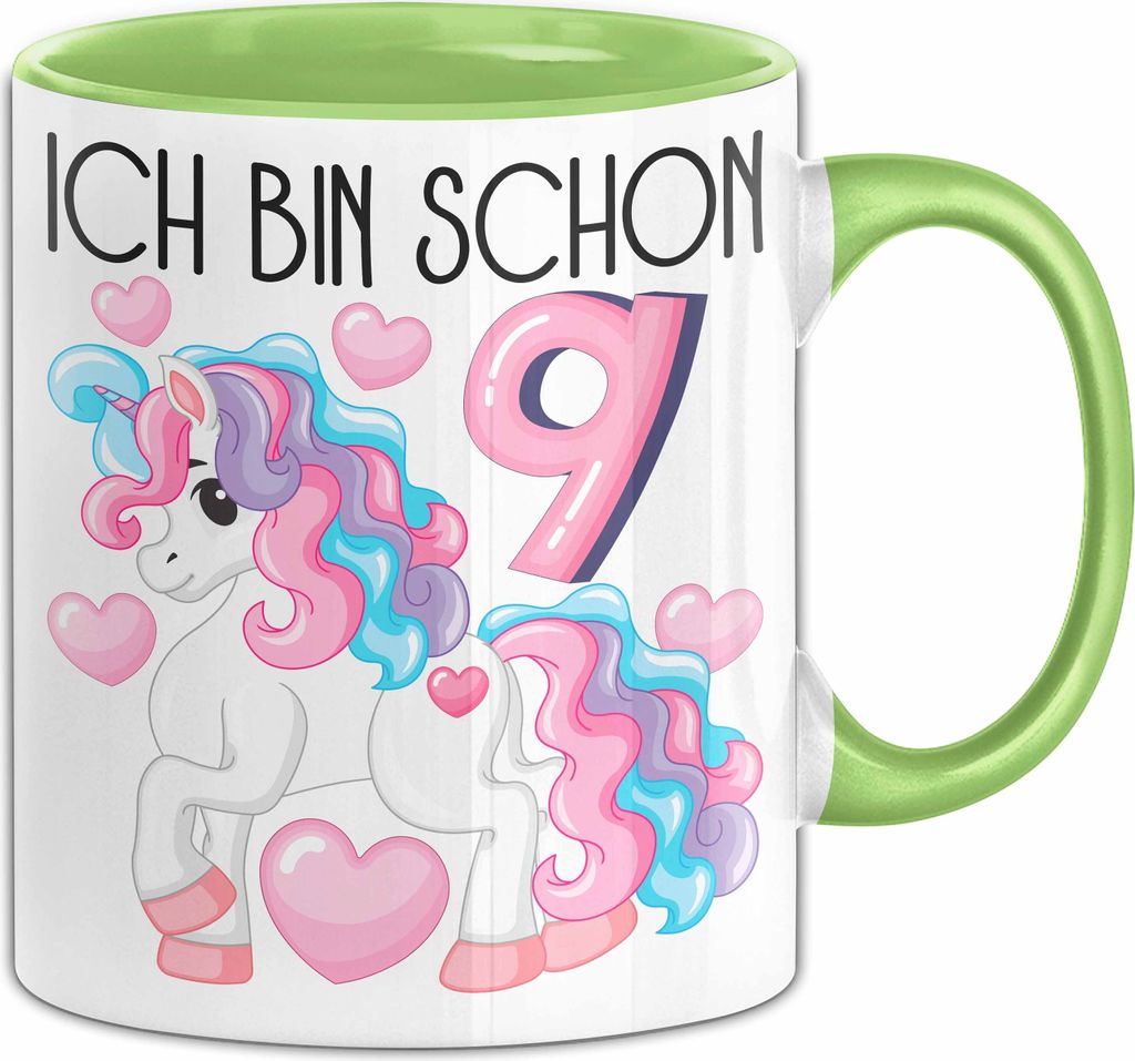 9. Geburtstag Geschenk Tasse Becher Mädchen Tochter Geburtstagsgeschenk Einhorn Ich Bin Schon 9 (Grün)