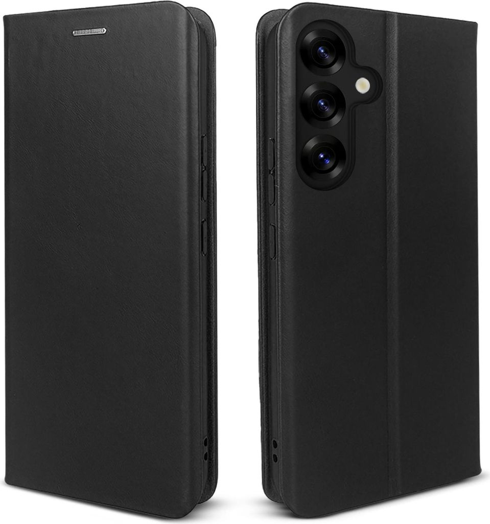 Two views of a black flip phone case.