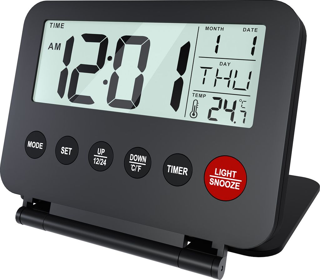 Reisewecker Klappbar Digital, Tragbarer Wecker für Reisen Digitale Uhr - Schwarz