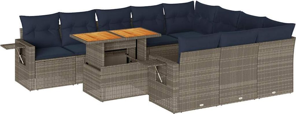 vidaXL 11-tlg. Garten-Sofagarnitur mit Kissen Grau Poly Rattan