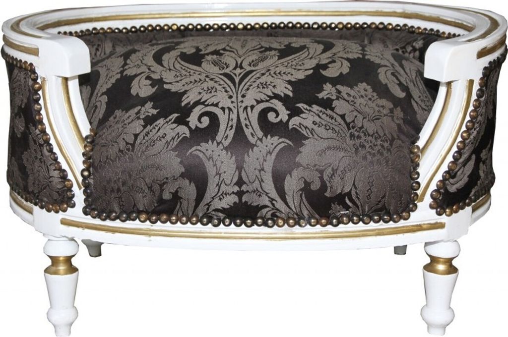 Casa Padrino Barock Hunde & Katzen Sofa Schwarz Barock Muster / Weiss/Gold - Hundesessel Sitz Hundebett Katzenbett Hund Katze Möbel