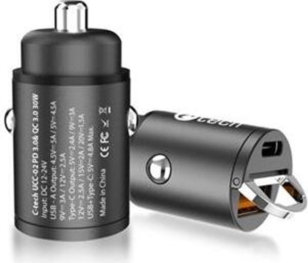 C-TECH USB-Autoladegerät, 1x Typ C + 1 x Typ A, 30W, Power Delivery 3.0, Quick Charge 3.0, Aluminiumgehäuse