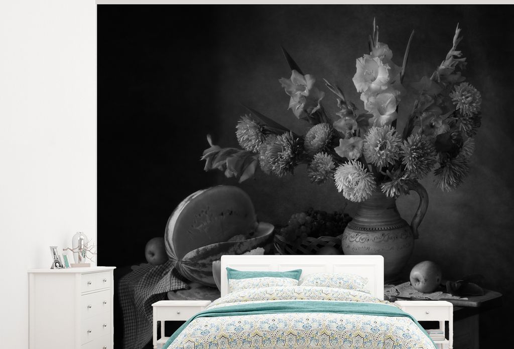 MuchoWow Fototapete für Wohnzimmer oder Schlafzimmer Wandtapete Vinyl Motivtapete Stilleben - Obst - Schwarz - Weiß - 375x300 cm - Tapezierpapier