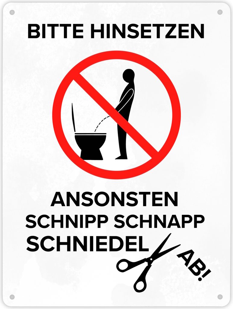 Bitte hinsetzen, ansonsten... Toilette Metallschild XL in 21x28 cm mit Icon