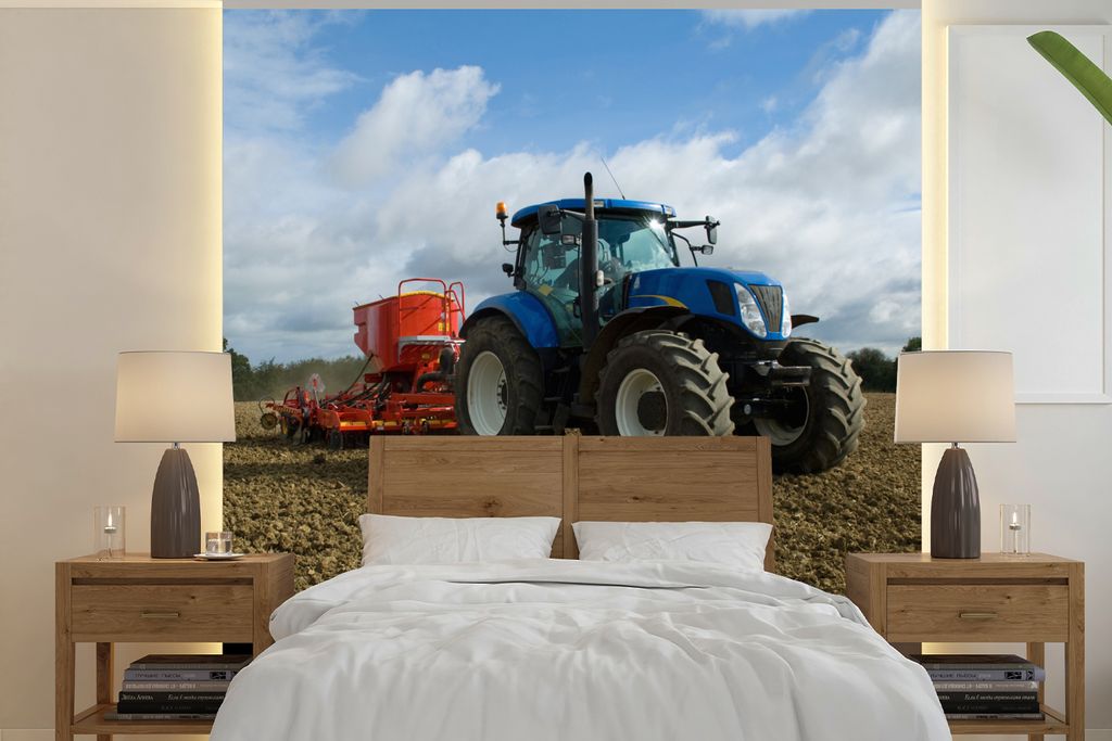 MuchoWow Fototapete für Wohnzimmer oder Schlafzimmer Wandtapete Vinyl Motivtapete Traktor - Blau - Landleben - Wolken - 300x300 cm - Wanddekoration